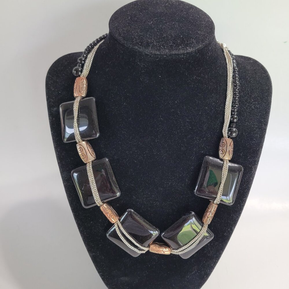 Simulated Onyx Rectangle Bib Statement Glass Neck… - image 3